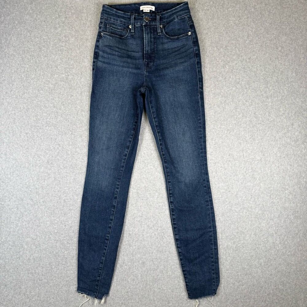 Good American Womens 0/24 Skinny Fit Denim Jeans Blue Raw Hem Organic Cotton